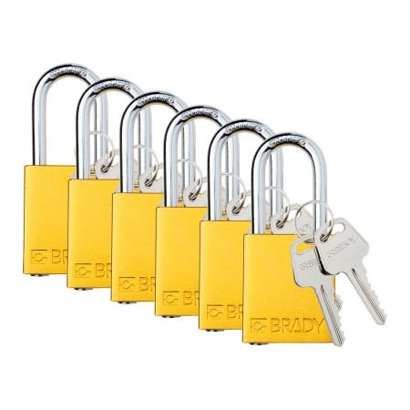 Brady Brady Safety Lockout Padlock, Keyed Different, 1-1/2in, Aluminum/Steel, Yellow, 6/PK SDAL-YLW-38ST-KD6